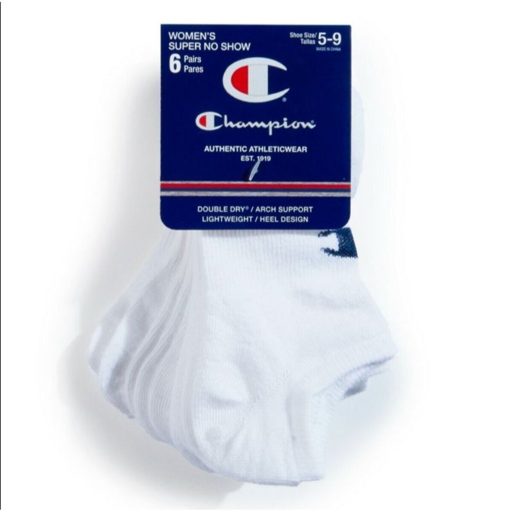 Champion Women's 6 Pairs Super No Show Double Dry Arch Support Socks Logo White
